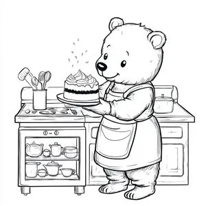 Coloring pages with A bear baking a cake in the kitchen.