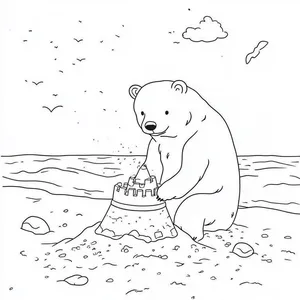 Coloring pages with A bear building a sandcastle on the beach.