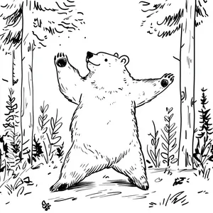 Coloring pages with A bear dancing in a forest.