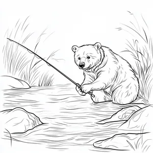 Coloring pages with A bear fishing by a river.