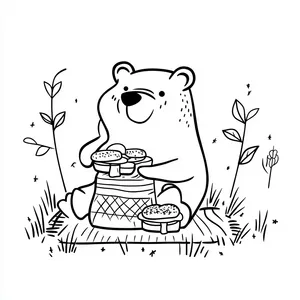 Coloring pages with A bear having a picnic with sandwiches.