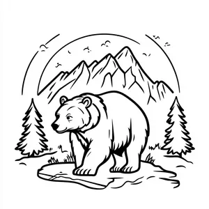 Coloring pages with A bear hiking in the mountains.