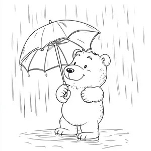 Coloring pages with A bear holding an umbrella in the rain.