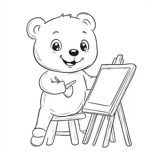 Coloring pages with A bear painting on an easel.