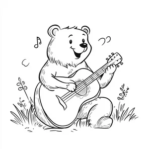 Coloring pages with A bear playing the guitar.