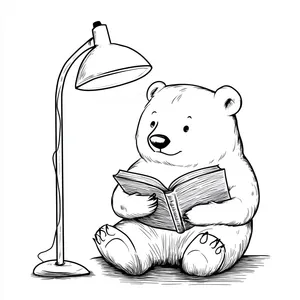 Coloring pages with A bear reading a book under a lamp.