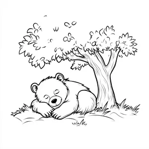 Coloring pages with A bear sleeping under a tree.