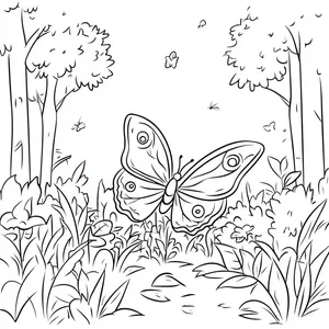 Coloring pages with A butterfly dancing among the leaves in the forest.