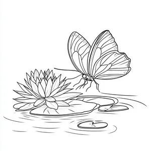 Coloring pages with A butterfly dancing on a lily pad in the pond.