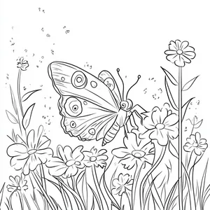 Coloring pages with A butterfly exploring a flower garden.