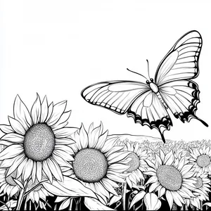 Coloring pages with A butterfly exploring a sunflower field.