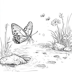 Coloring pages with A butterfly fluttering near a pond.