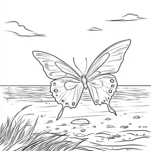 Coloring pages with A butterfly flying over the beach.