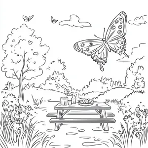 Coloring pages with A butterfly flying around a picnic area in the backyard.