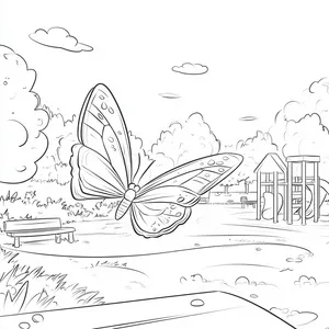 Coloring pages with A butterfly flying around a playground.