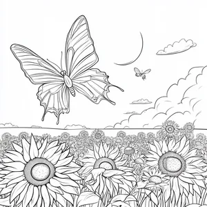 Coloring pages with A butterfly flying through a sunflower field.