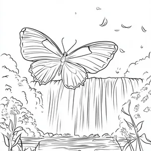 Coloring pages with A butterfly flying over a waterfall.