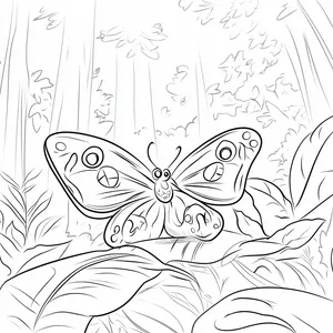 Coloring pages with A butterfly hiding behind a leaf in the forest.