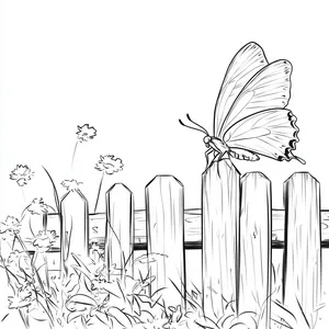 Coloring pages with A butterfly landing on a fence in the backyard.