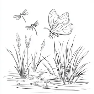 Coloring pages with A butterfly playing with dragonflies in the marsh.