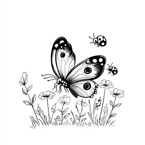 Coloring pages with A butterfly playing with ladybugs in the garden.