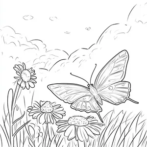 Coloring pages with A butterfly resting on a flower in the meadow.