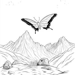 Coloring pages with A butterfly soaring above the mountains.