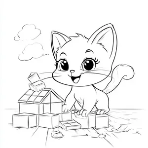 Coloring pages with cat building a house of blocks on the floor.