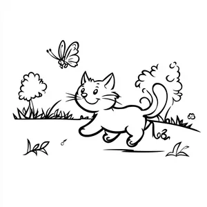 Coloring pages with cat chasing a butterfly in a park.