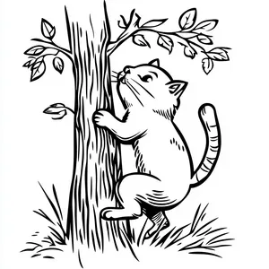 Coloring pages with cat climbing a tree in a backyard.