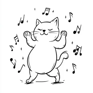 Coloring pages with cat dancing with musical notes around.