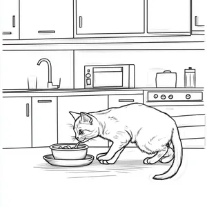 Coloring pages with cat eating from a food bowl in the kitchen.