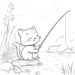 Coloring pages with cat fishing by a lakeside with a fishing rod.