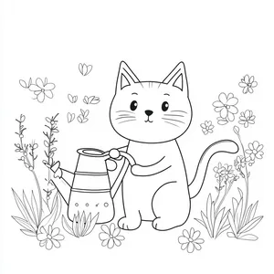 Coloring pages with cat gardening with a watering can and flowers.