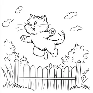 Coloring pages with cat jumping over a fence in a garden.