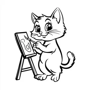 Coloring pages with cat painting a picture with a paintbrush and easel.