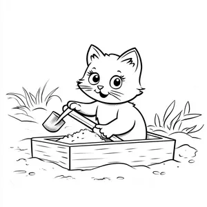 Coloring pages with cat playing in a sandbox with a shovel and pail.