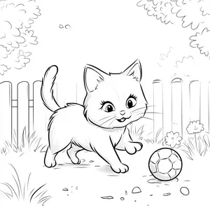 Coloring pages with cat playing with a ball in a sunny yard.