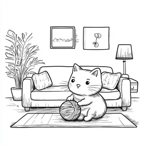 Coloring pages with cat playing with a ball of yarn in a living room.