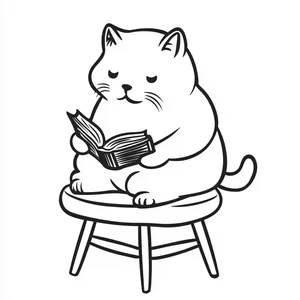 Coloring pages with cat reading a book at a small table.