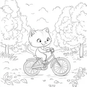 Coloring pages with cat riding a bicycle in a park.