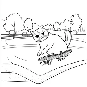 Coloring pages with cat riding a skateboard at a skate park.