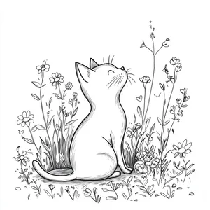 Coloring pages with cat sitting in a flower garden.