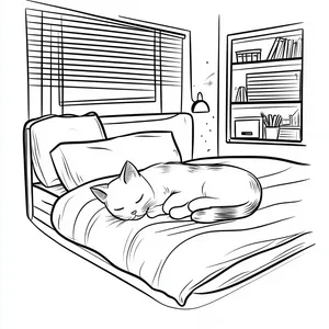 Coloring pages with cat sleeping on a cozy bed in a bedroom.