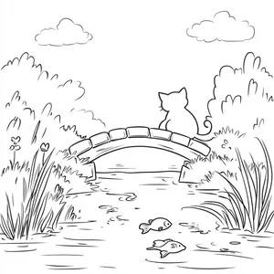 Coloring pages with cat watching fish in a pond with a simple bridge.