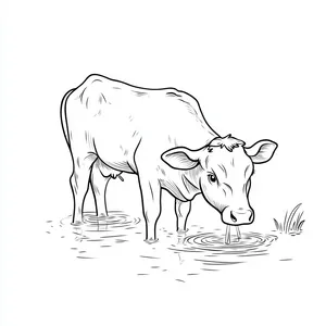 Coloring pages with A cow drinking water from a pond.