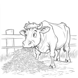 Coloring pages with A cow munching on hay from a trough.