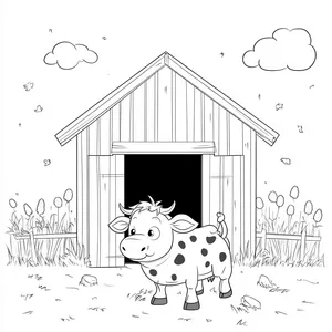 Coloring pages with A cow standing comfortably inside a barn.