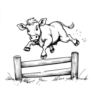 Coloring pages with A cow jumping over a small fence.