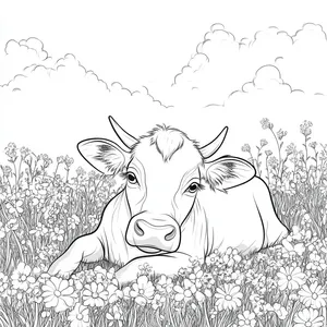 Coloring pages with A cow resting in a beautiful flower field.